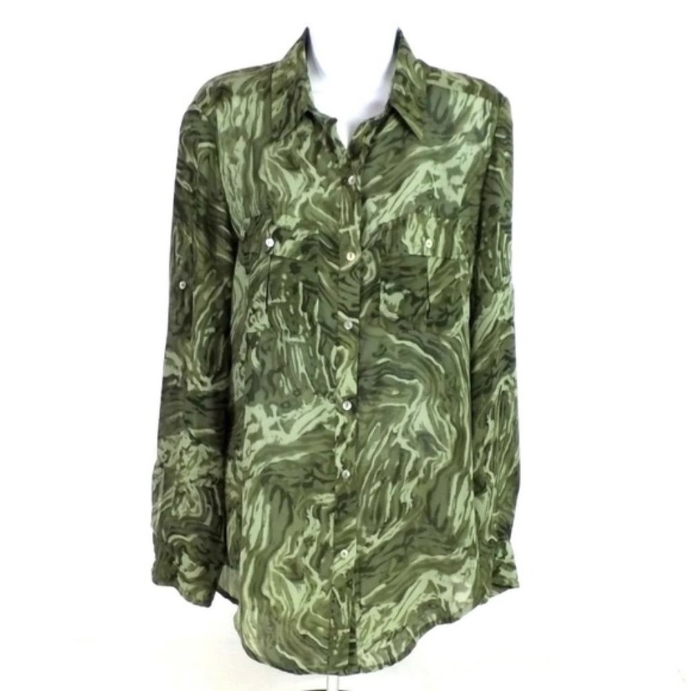 Chelsea & Violet Green Watercolor Swirl Semi Sheer Tunic Blouse Womens Medium